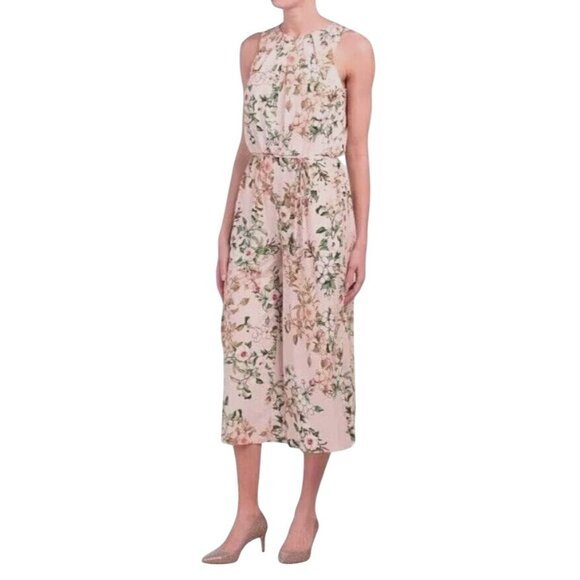 London Times Light Pink‎ Floral Sleeveless Cropped Jersey Jumpsuit Size 6 - Picture 1 of 16
